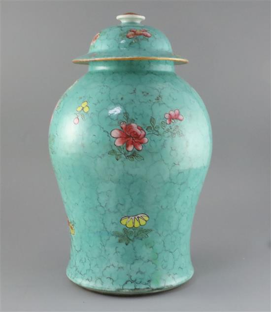A large Chinese turquoise ground phoenix vase and cover, 18th/19th century, H. 44.5cm, base restored